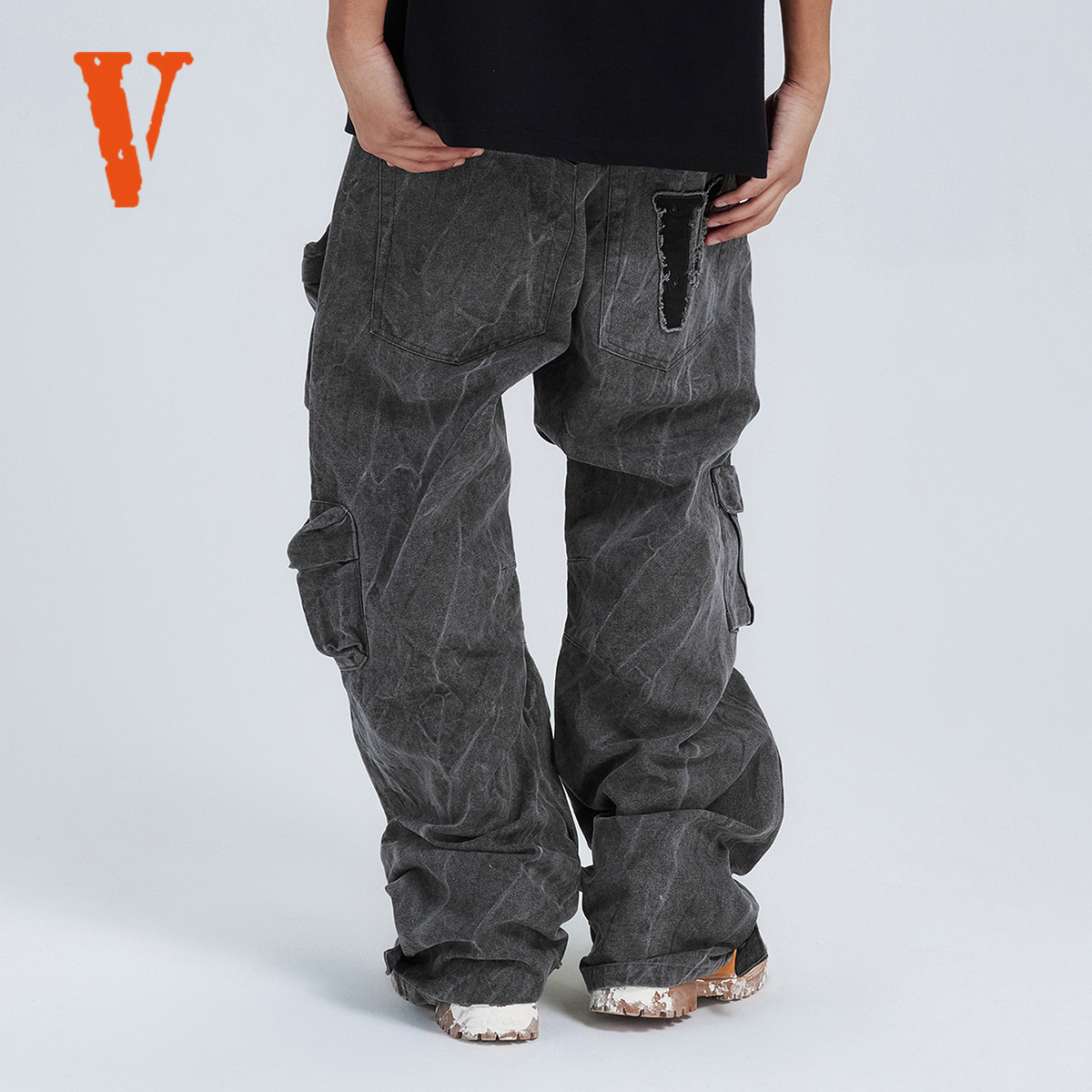 VLONE 刺绣LOGO标语重磅水洗做旧宽松多口袋长裤工装裤 男女同款,淘宝优惠券,粉丝福利购,淘宝优惠卷