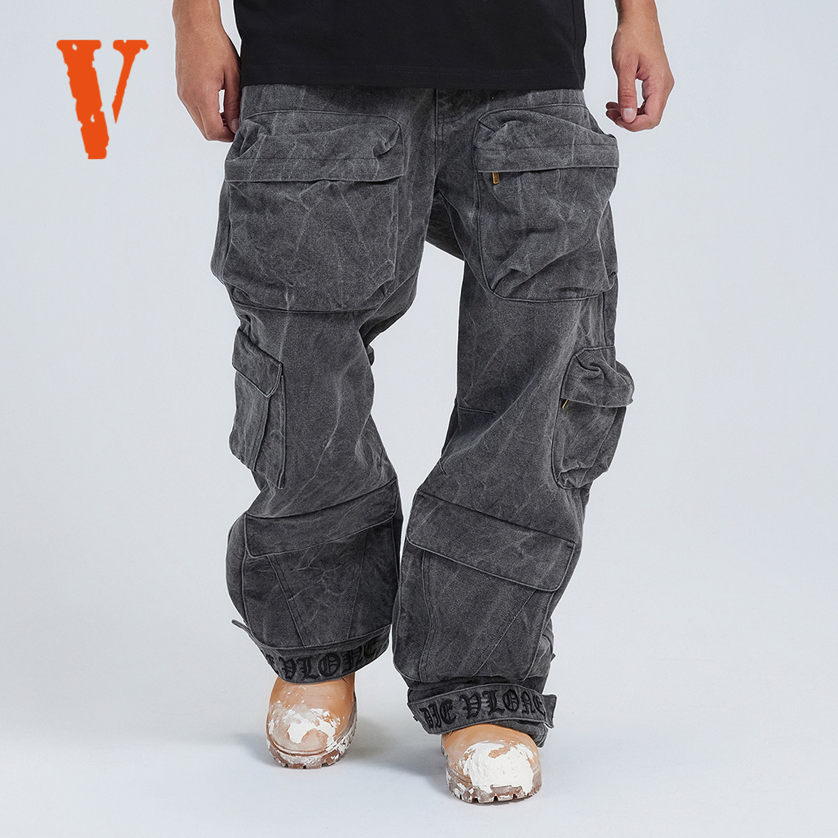VLONE 刺绣LOGO标语重磅水洗做旧宽松多口袋长裤工装裤 男女同款,淘宝优惠券,粉丝福利购,淘宝优惠卷