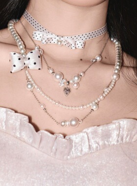 波点控miu系~ 小众甜美蝴蝶结少女珍珠项链女短choker颈链时尚韩