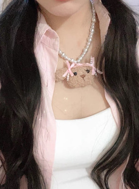 甜酷风少女心可爱小狗珍珠项链女韩短款小众甜美时尚毛衣链配饰品