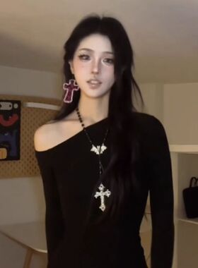 暗黑y2k亚比少女叠戴黑串珠项链女蝙蝠十字甜酷辣妹卫衣链配饰韩