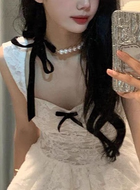 法式千金丝绒珍珠项链女短款choker蝴蝶结绑带百搭高级感气质颈链