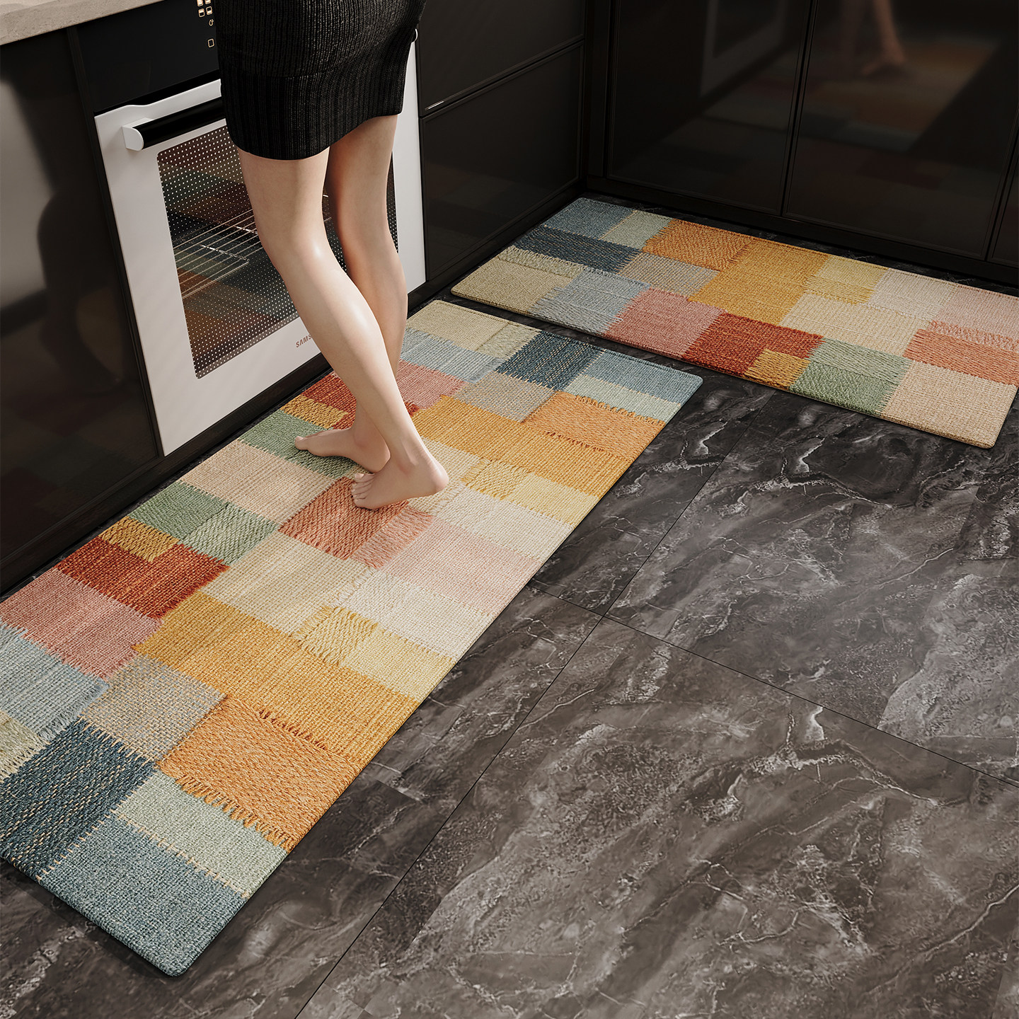 Kitchen non-slip floor mats, water-absorbent, quick-drying floor mats, restaurant carpet mats, colorful plaid dust-repellent, dirt-resistant, no-wash carpets
