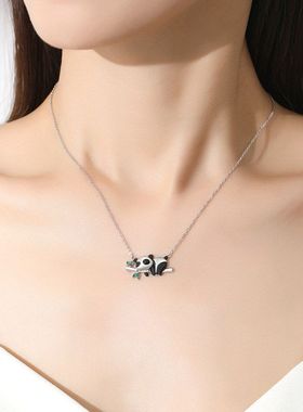 S925银抱竹熊猫项链女欧美流行跨境专供高级感饰品小众送女友礼物