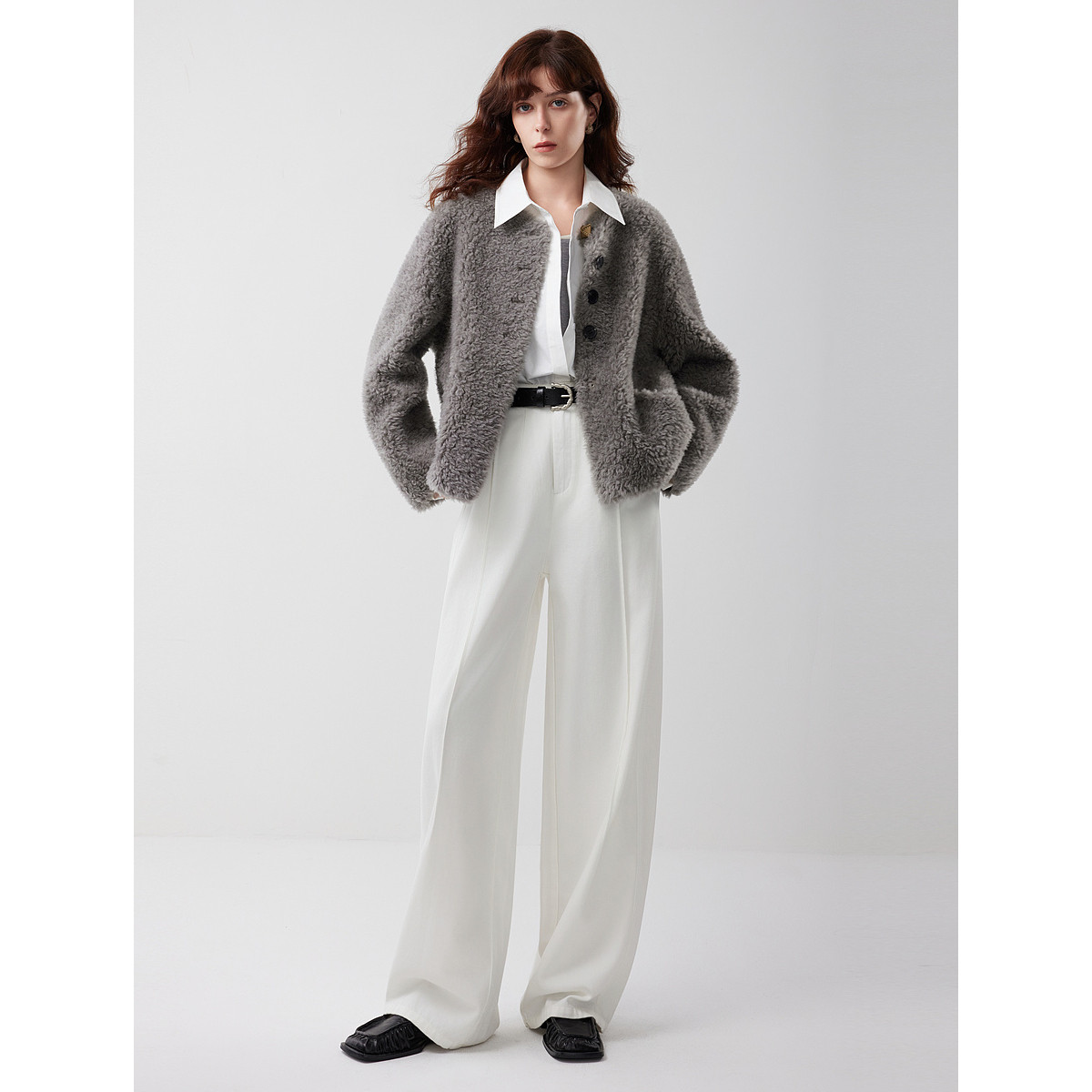 【100%绵羊毛】ELLE法式灰色毛绒短外套女2025冬通勤羊羔毛外套,淘宝优惠券,粉丝福利购,淘宝优惠卷