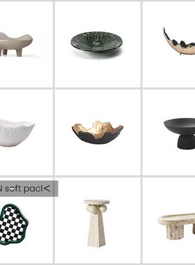 侘寂中古风托盘摆件创意仿洞石树脂果盘高级感客厅茶几桌面收纳盘
