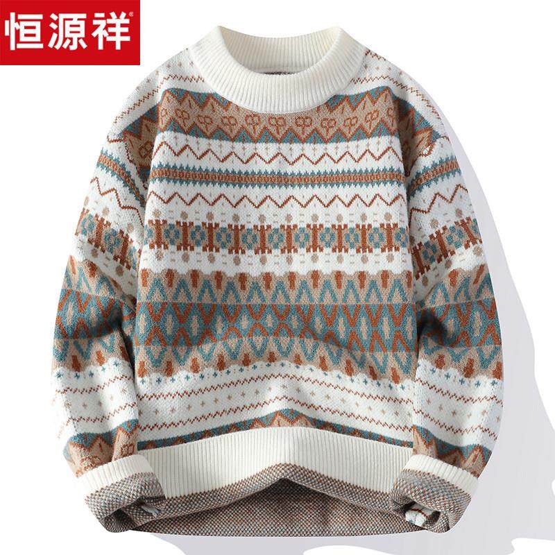 恒源祥男士毛衣加厚2024新款冬季宽松拼色圆领青少年针织羊毛衫潮,淘宝优惠券,粉丝福利购,淘宝优惠卷