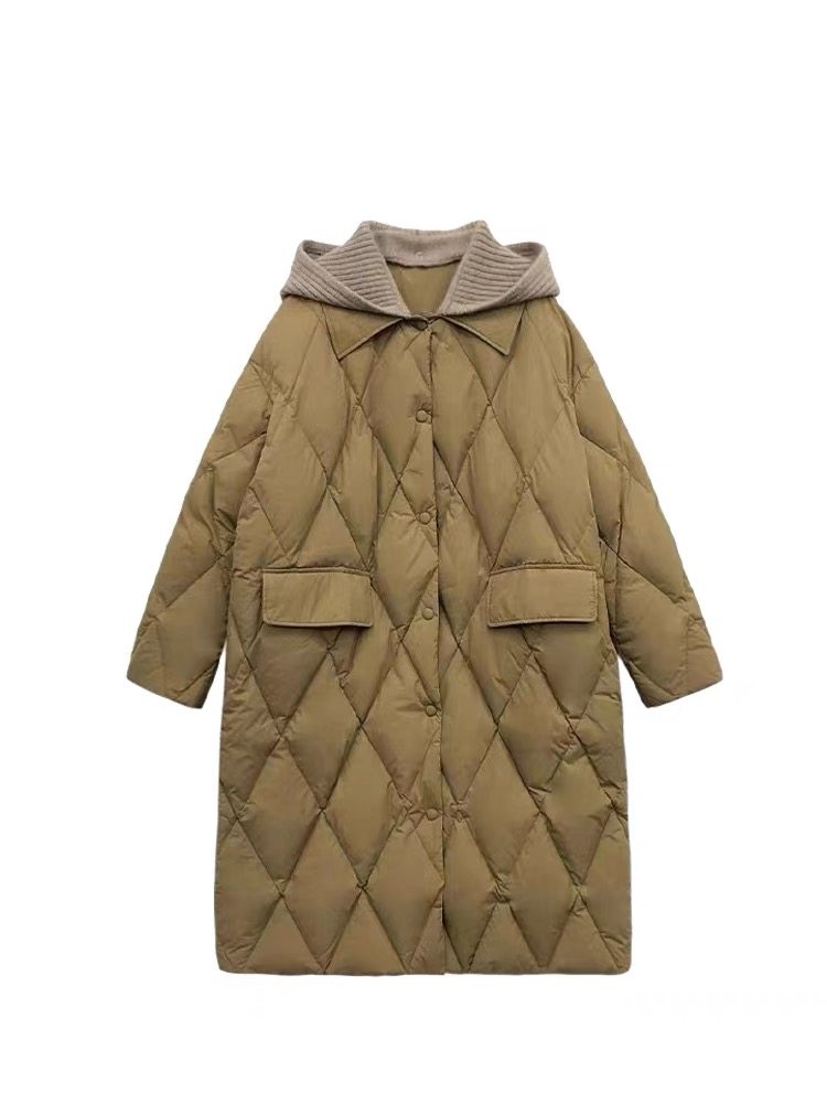 撤柜韩版针织帽羽绒棉服女中长款冬宽松连帽菱形格过膝羽绒棉外套,淘宝优惠券,粉丝福利购,淘宝优惠卷