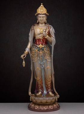 全铜西方三圣佛像银彩镶宝摆件