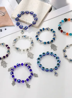 法蒂玛手串爆款挂件手链手饰蓝色亚马逊圆珠树脂手掌恶魔之眼