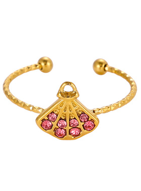 跨境扇形镶彩色锆石开口戒指不锈钢镀18K金不掉色银杏叶钛钢指环