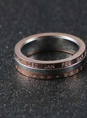 欧美货源不锈钢数字日期可旋转戒指 情侣个性网红风玫瑰金食指环