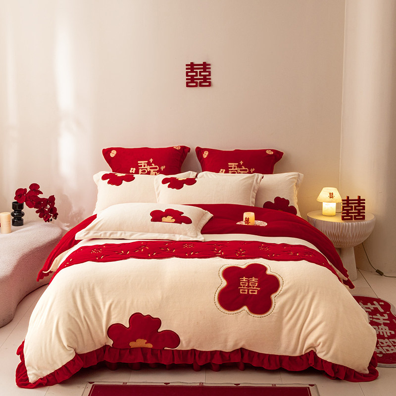 红色牛奶绒新婚四件套婚庆结婚双面绒被套冬季珊瑚绒床单喜被陪嫁