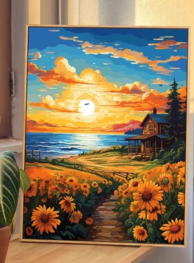 向日葵装饰挂画油画风花海高清喷印成品夕阳唯美治愈客厅卧室书房