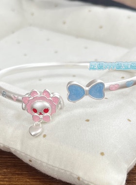 足银999实心古法Baby兔熊手镯50-60圈口开口可调19g纯银可爱甜美