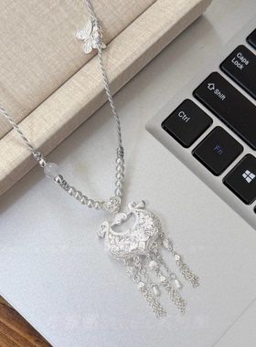 足银990百合流苏吊坠新中式纯银银锁平安锁长命富贵项链璎珞锁