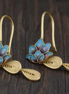Bohemian Painted Leaf Flower Blue Earrings for Women Tribal