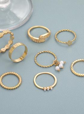 Ring set 8 pieces戒指金色星星复古树叶关节珍珠戒指套装8件套