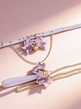 原创紫色蝴蝶结铃铛项圈情侣定制