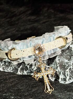 天使风蓝白蕾丝十字架choker项链