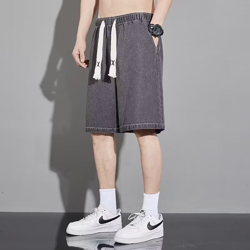 复古牛仔短裤男士纯色夏季宽松休闲青少年系绳学生百搭五分七分_草莓屋 女孩_男装-第3张图片-提都小院