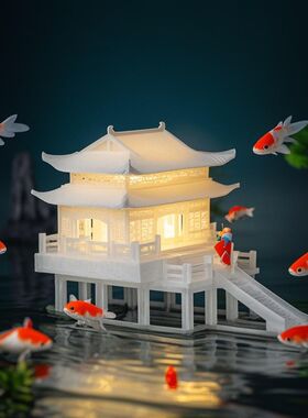 水下带灯透明古建筑摆件宫殿楼阁模型微景观假山鱼缸盆景造景配件