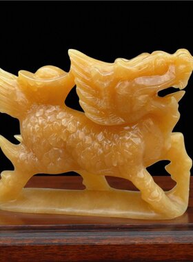 天然玉石黄玉麒麟摆件一对公母玉石元宝招财家居办公桌装饰品送礼