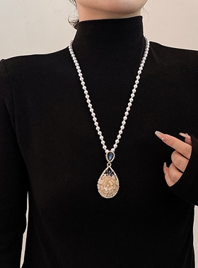 新款百搭猫眼石大气毛衣链女个性吊坠时尚长款项链衣服秋冬配饰品