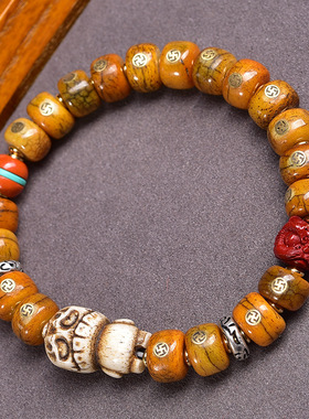 天然耗牛骨镶嵌万字手串配饰藏式文玩佛珠串珠男女通用