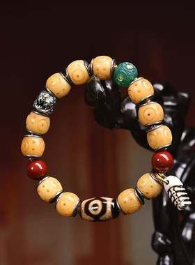 藏传回流牦牛骨雕刻桶珠手串单圈铜镶嵌藏式文玩佛珠玛瑙朱砂配饰