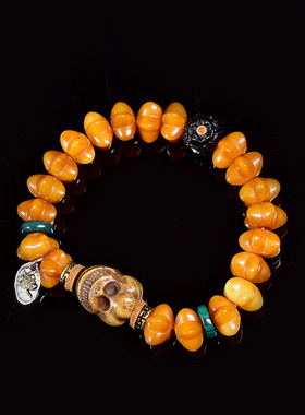 藏传回流驼骨手串铜老银镶嵌天珠配饰文玩单圈手链