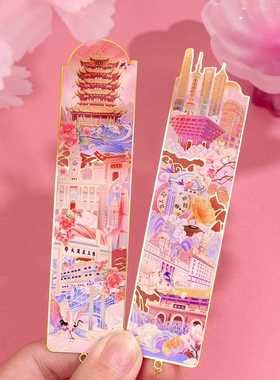 新款直销书签冰箱贴校企旅游金属景区地标国潮套装订做镂空复古文