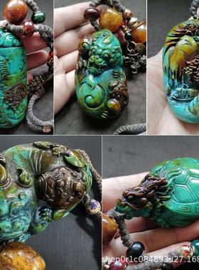 玩复古包浆五帝把绿铜钱配饰松古石雕刻龙龟手件SZY貔貅山水龙手
