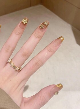 富贵千金显白金色花朵美甲穿戴甲手工定制感气质成品指甲贴片