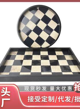 马毛黑白棋盘格钢琴漆香薰蜡烛托盘玄关桌面钥匙收纳盒轻奢级感