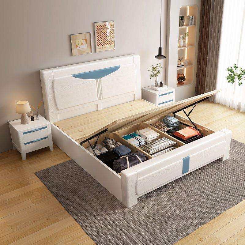 现代简约实木床1.8米大床1.5米拼色北欧床气压储物床高箱双人婚床,淘宝优惠券,粉丝福利购,淘宝优惠卷