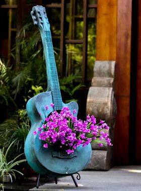 田园美式乡村铁艺做旧吉他花架创意布置家居露台阳台庭院装饰摆件