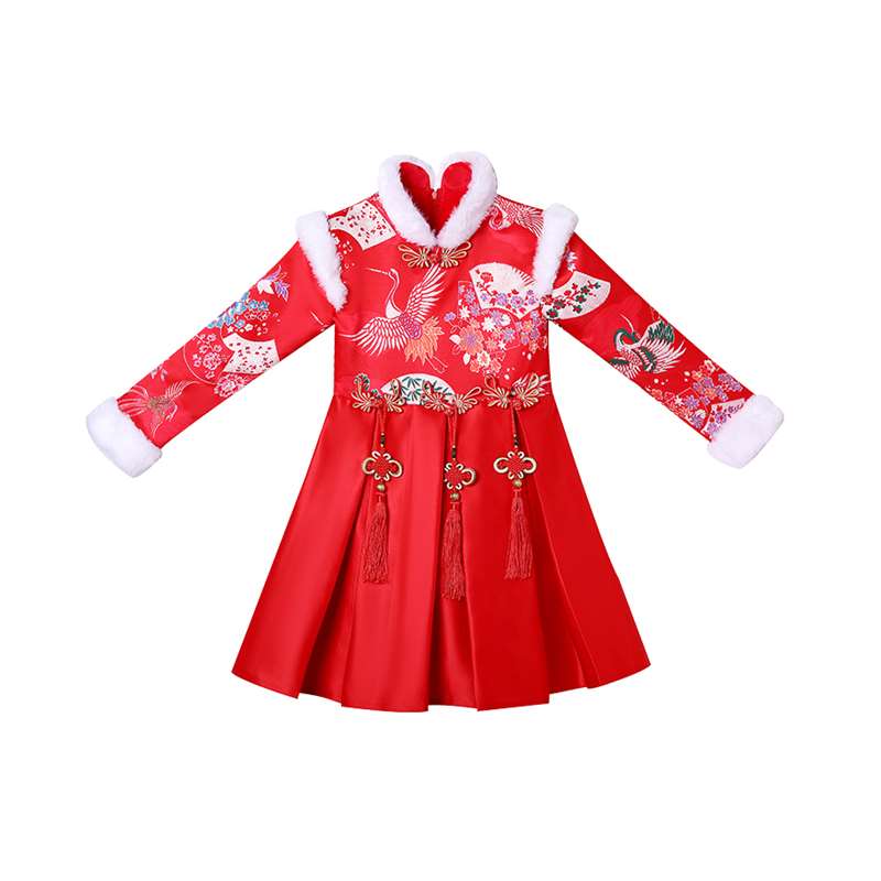 女童连衣裙红色拜年服儿童冬天加绒新年衣服女过年服汉服裙子冬季