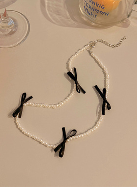 珍珠蝴蝶结choker项链女