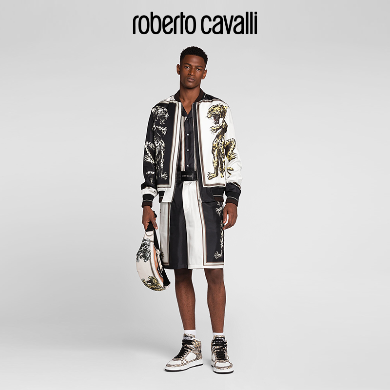 RC 男士夹克美洲豹印花真丝飞行员Roberto Cavalli