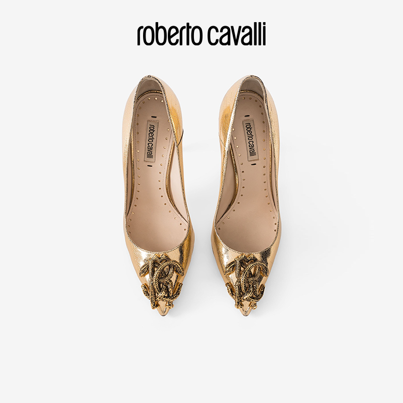 RC女士单鞋 2023秋冬新品金属镜面蛇形图案高跟鞋Roberto Cavalli