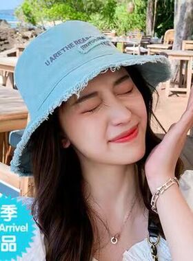 韩版夏季渔夫帽女休闲毛边做旧防