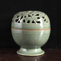 Tang Five-Dynasty Northern Song Dynasty Kiln Secret Green porcelain incense stove Wen plays a collection of ornamental pendulum pieces Imitation Ancient Hollowed-out Lotus Flower Pattern
