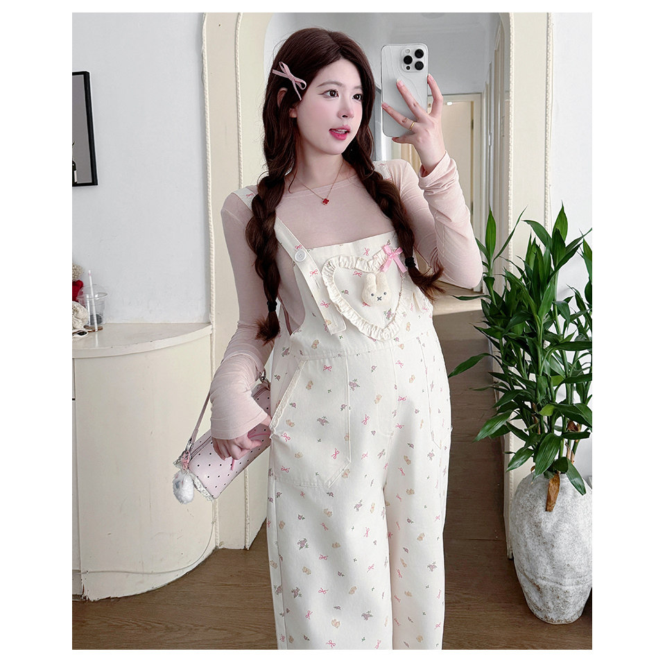 孕妇套装春秋2026新款小兔碎花牛仔背带裤粉色上衣套装休闲百搭女,淘宝优惠券,粉丝福利购,淘宝优惠卷