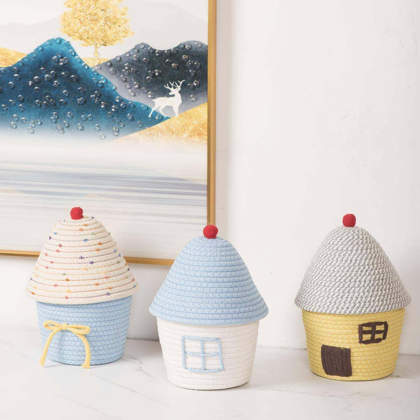 棉线编织创意客厅卧室装饰篮带盖小房子收纳盒ins风儿童房装饰篮,淘宝优惠券,粉丝福利购,淘宝优惠卷