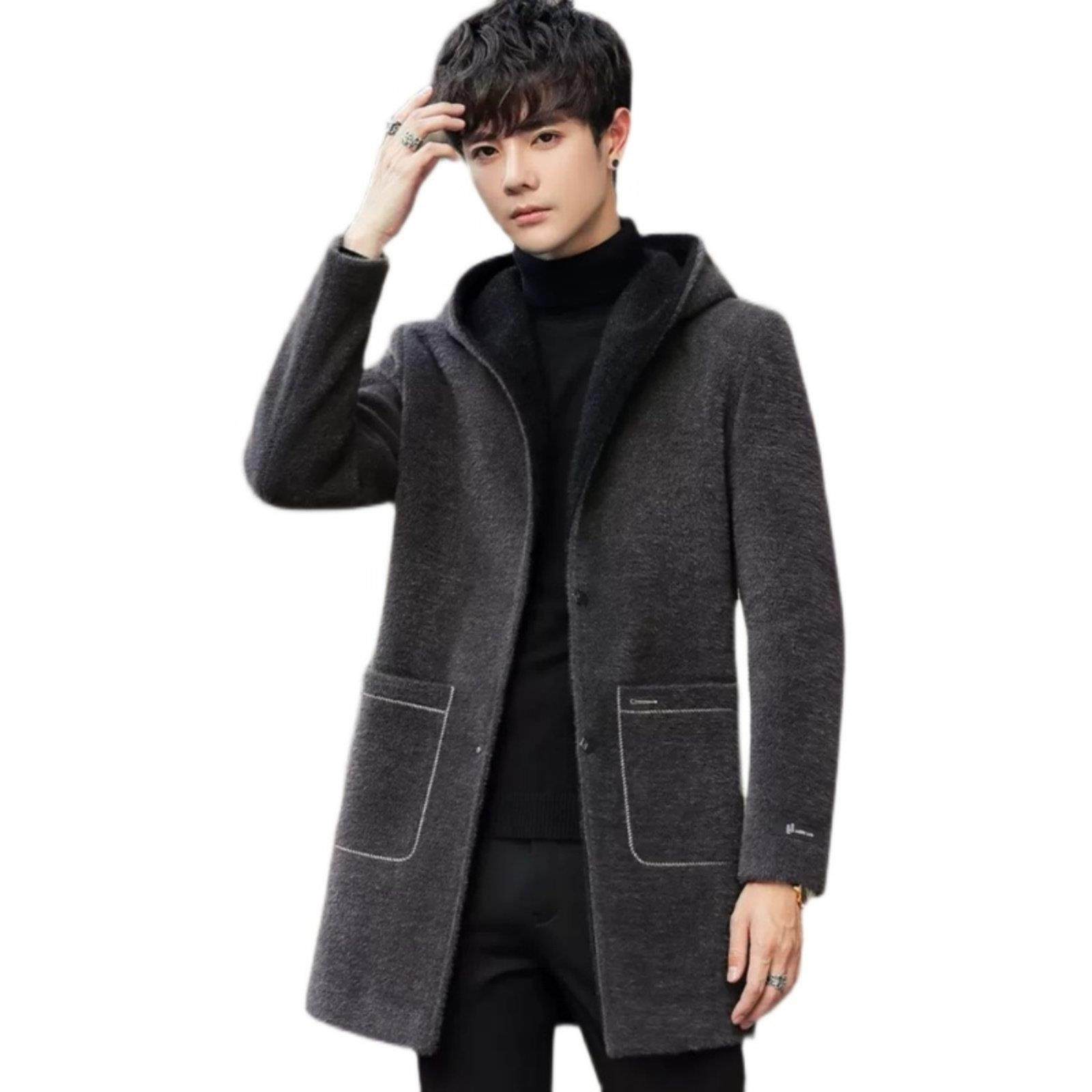 水貂绒毛呢大衣男中长款连帽修身冬季新款男士加厚休闲风衣外套潮,淘宝优惠券,粉丝福利购,淘宝优惠卷