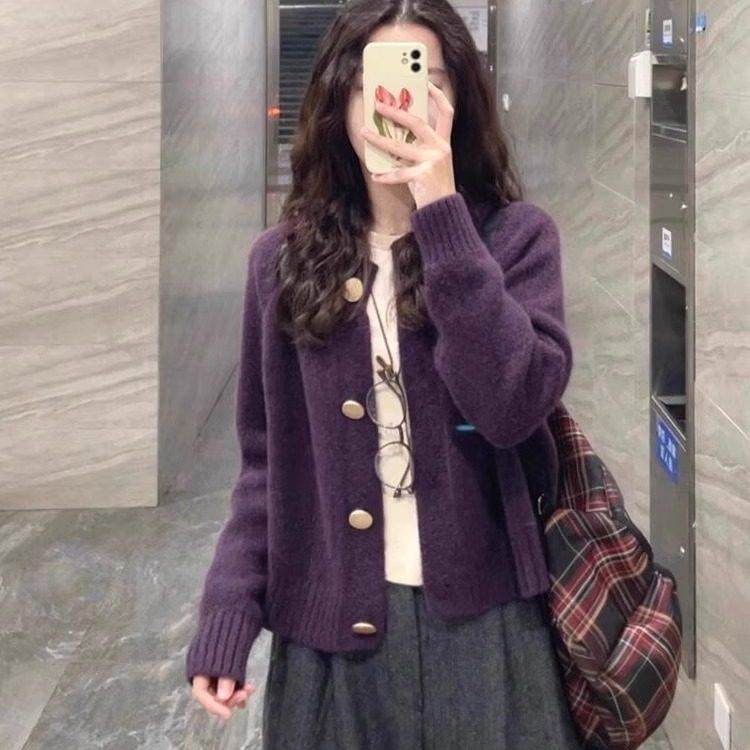 法式rouje damas紫色针织开衫女秋冬加厚浣熊绒短款毛衣外套上衣,淘宝优惠券,粉丝福利购,淘宝优惠卷