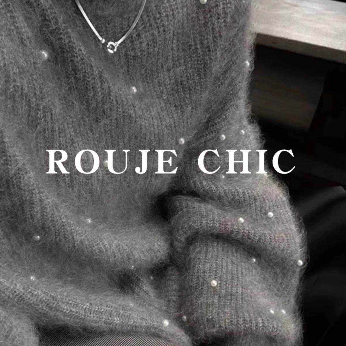 法国rouje chic圆领别致灰色钉珠马海毛毛衣女秋冬软糯高级针织衫,淘宝优惠券,粉丝福利购,淘宝优惠卷