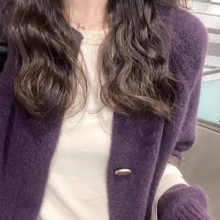 法式rouje damas紫色针织开衫女秋冬加厚浣熊绒短款毛衣外套上衣,淘宝优惠券,粉丝福利购,淘宝优惠卷