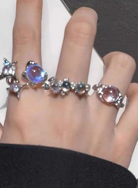 十字芒星镶嵌月光石肌理开口戒指不规则纹理高级感冷淡风指环